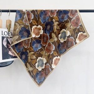 Detailed view of vintage coffee floral silk scarf with elegant herringbone pattern