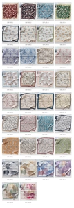 Macro view showing a variety of floral patterns on square silk scarves for women