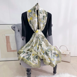 Silk satin long scarf with elegant floral daisy print for summer beach and travel