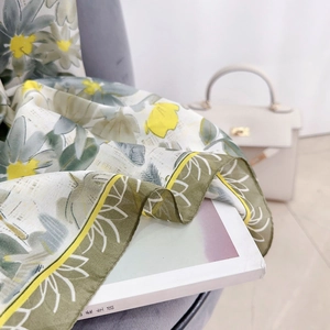 Lightweight summer floral silk satin shawl with green and yellow leaf prints for women