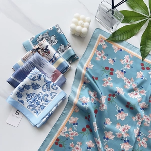 Elegant floral imitation silk 58cm square scarf for hair and neck styling in summer
