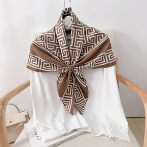 Women Elegant Greek Key Printed Square Scarf Satin Texture Polyester Shawl Retro Geometric Pattern Fashion Neck Scarf