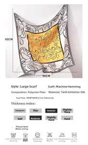 Detailed view of yellow floral silk-like scarf featuring 90cm square size specifications