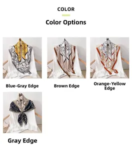Collage of square floral silk scarves in four colorways with contrasting borders