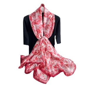 Elegant floral silk satin long scarf with red flower print for summer beach shawl