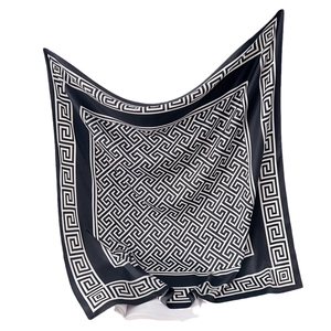 Classic black and white Greek fret pattern square silk scarf with a satin finish