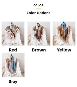 Detail showing four geometric patterns and color options for large square silk scarves
