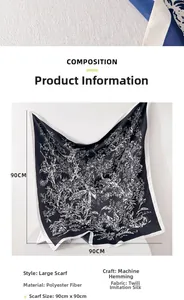 Macro detail of 90cm square silk scarf with white floral and bird print on black background
