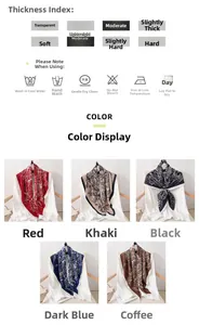 Detail view of 90cm printed silk-feel scarves showing five patterns and fabric parameters