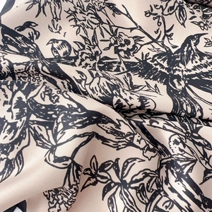 Elegant 90cm silk scarf featuring retro floral and bird prints in beige and black