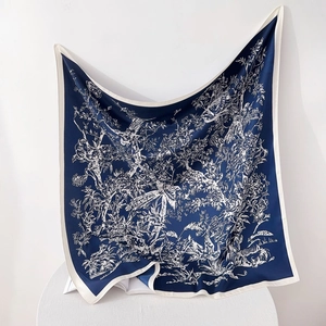 Elegant 90cm navy blue silk scarf with white floral bird print and contrast border