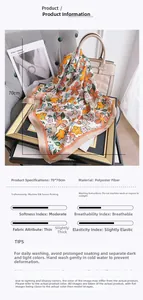 Detailed product infographic of floral silk scarf showing 70x70cm specs and material texture