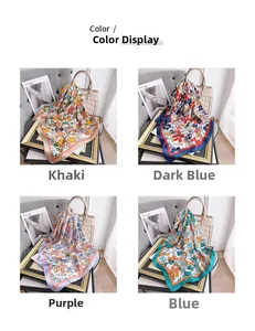 Detail showing four vintage floral silk scarves in khaki, dark blue, purple, and blue colors
