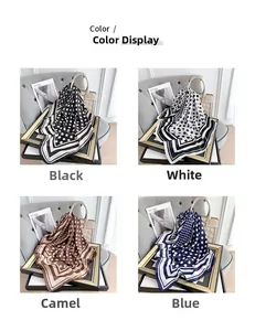 Detail showing four colors of polka dot silk scarves with professional stripe patterns
