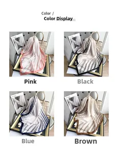 Detail showing contrast polka dot silk scarves in pink black blue and brown colors