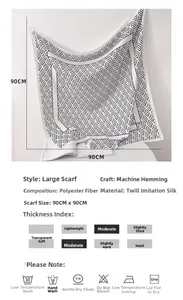 Detail showing 90x90cm geometric square scarf dimensions and silk-like polyester fabric