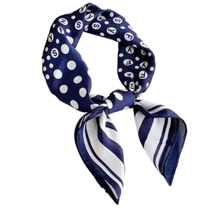 Navy blue and white polka dot silk square scarf with elegant letter print and stripes