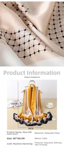 Detailed view of large satin scarf with geometric grid pattern and elegant sheen texture