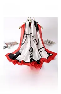Detail of silk-satin scarf with abstract floral patterns and red contrast edges on a hanger