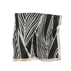Elegant 70cm silk scarf with black and white abstract print and champagne border