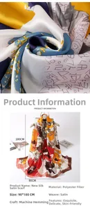 Detailed view of floral satin scarf texture and 90x180cm size specifications for women