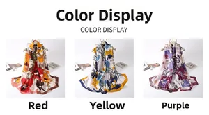 Detailed comparison of oil painting style floral scarves in red, yellow, and purple tones