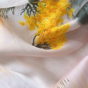 Elegant silk satin scarf with pink base and yellow floral prints for women shawl