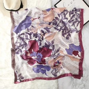 Artistic oil painting style floral print silk scarf with luxury purple flower patterns