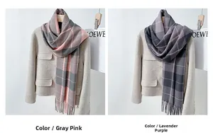 Detail of plaid tasseled scarves in grey-pink and taro-purple with faux cashmere texture