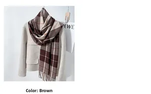 Close-up of brown checkered tassel scarf texture on a beige blazer, soft cashmere style