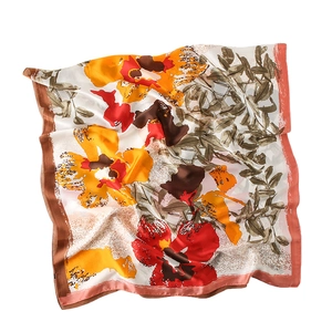Artistic oil painting style floral print square scarf with vibrant orange and red flowers