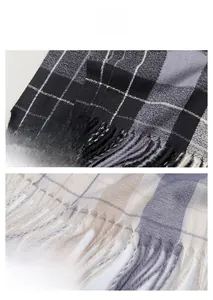 Detail view of British style plaid scarf featuring soft texture and fine fringe edges