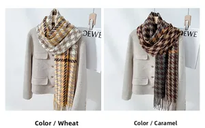 Detail of houndstooth scarf texture and tassels in caramel and wheat color tones