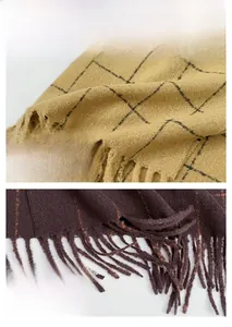 Close-up of soft plaid scarves with long tassels and thick cashmere-like texture details