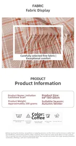Detailed fabric texture of orange plaid imitation cashmere scarf with tassels