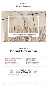 Detail of soft cashmere-like texture on beige plaid scarf with fringe and care guide