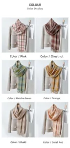 Detailed grid showing six color options of plaid scarves with tassels on a grey coat