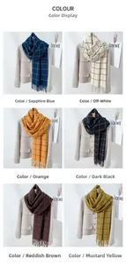 Close-up of classic checkered fringe scarves in six warm color options for winter