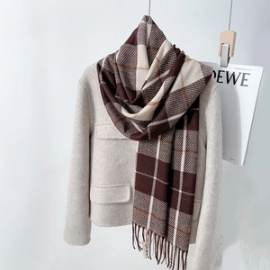 British style brown and beige checkered cashmere-feel scarf with fringe details