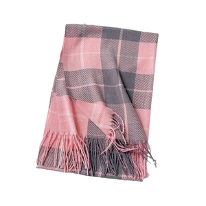 British style plaid scarf in pink and grey with fringe details for autumn and winter