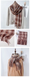 Detail of soft cashmere-like plaid scarf with fringe trim in coffee and blue tones