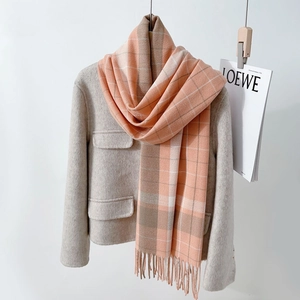British style plaid scarf in orange-pink and brown with elegant fringe tassels