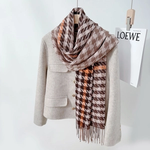 Women Winter Imitation Cashmere Houndstooth Scarf Thick Warm Contrast Color Tassel Shawl Wrap For Daily Fashion