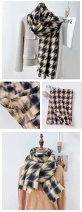Detailed close-up of blue and yellow houndstooth pattern scarf with soft fringe tassels
