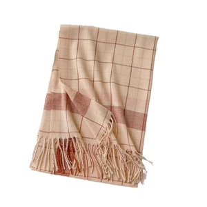 British style plaid scarf with tassels in beige and brown red cashmere-like fabric