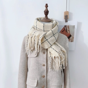 Classic beige plaid scarf with tassels, thick cashmere-feel shawl for winter warmth
