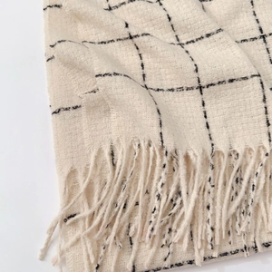 Winter faux cashmere plaid scarf in cream with black grid patterns and fringe tassels