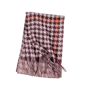 Houndstooth check scarf with orange stripes and fringe trim for autumn winter fashion
