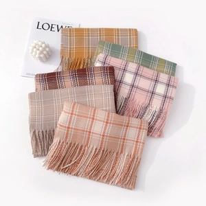 Plaid cashmere-like tassel scarves in six colors including orange, pink and grey