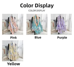 Detail display of floral satin long scarves in pink, blue, purple, and yellow color options